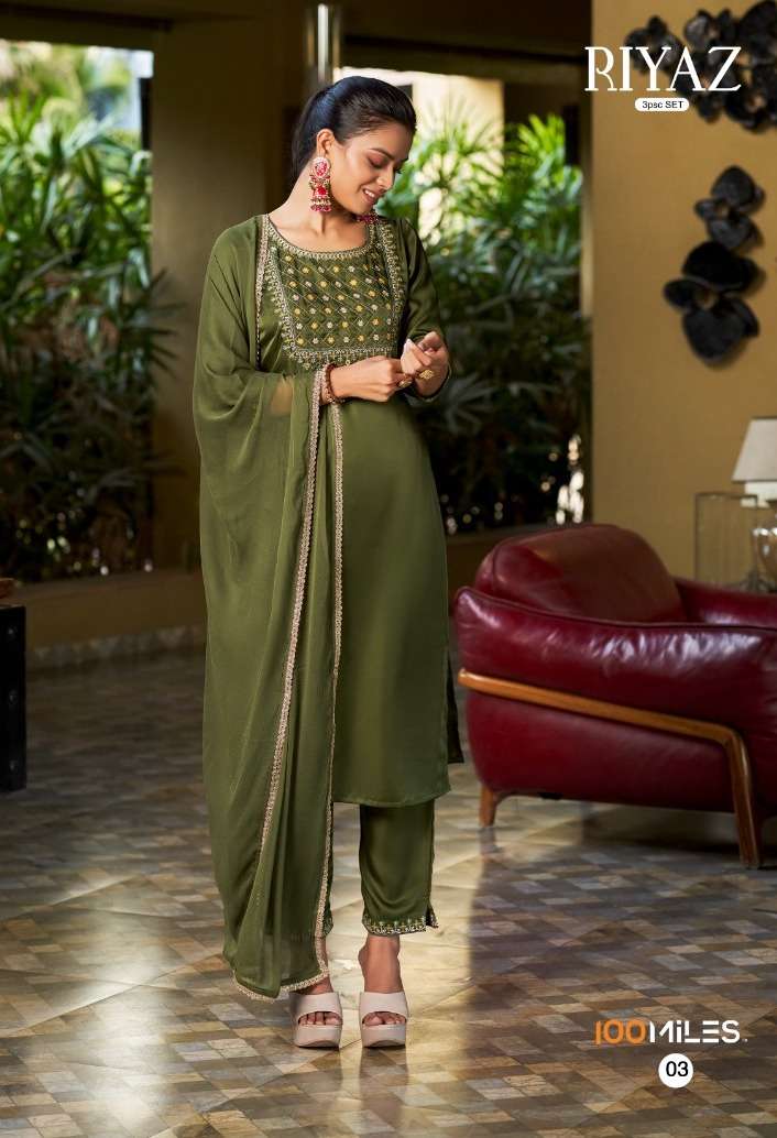 RIYAZ SERIES 01 TO 04 KURTI BY 100 MILES DESIGNER WITH WORK COTTON BLEND KURTI WITH BOTTOM AND DUPATTA ARE AVAILABLE AT WHOLESALE PRICE