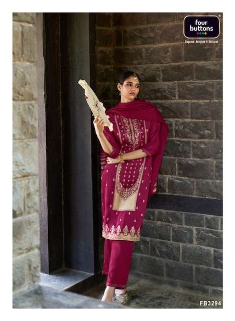 ROYALTY VOL-5 SERIES 3291 TO 3296 BY FOUR BUTTONS DESIGNER DOLA SILK JACQUARD TOP WITH PANT AND DUPATTA ARE AVAILABLE AT WHOLESALE PRICE