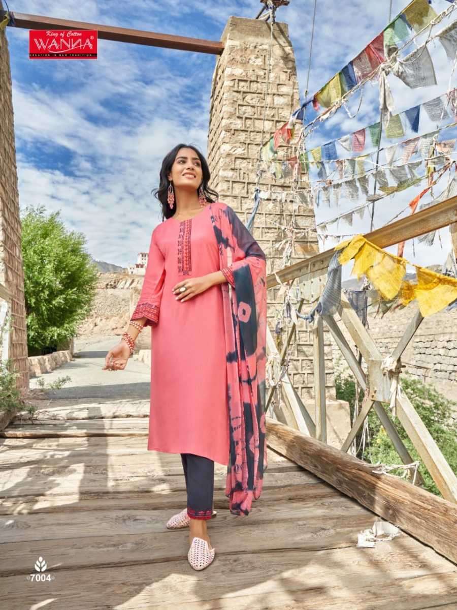 STYLE SERIES 7001 TO 7006 BY WANNA DESIGNER WITH PRINTED AND WORK RAYON SLUB KURTI WITH BOTTOM AND DUPATTA ARE AVAILABLE AT WHOLESALE PRICE
