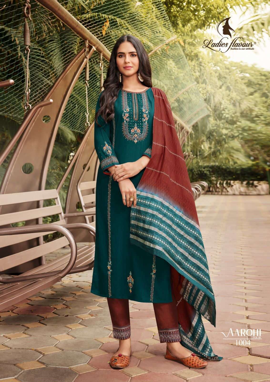 AAROHI VOL-10 SERIES 1001 TO 1004 KURTI BY LADIES FLAVOUR DESIGNER WITH WORK CHINON KURTI WITH PANT AND DUPATTA ARE AVAILABLE AT WHOLESALE PRICE