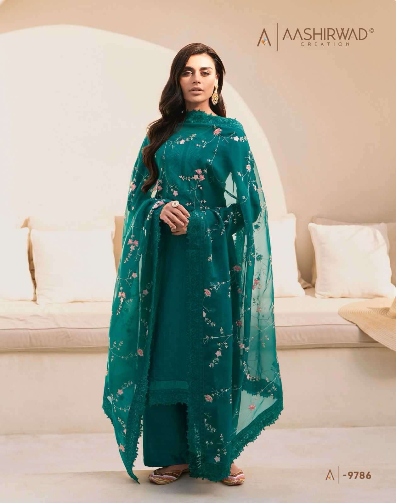 AFREEN SERIES 9786 TO 9790 BY AASHIRWAD GULKAND DESIGNER WITH WORK DOLA SILK SUITS ARE AVAILABLE IN SINGLES AT WHOLESALE PRICE