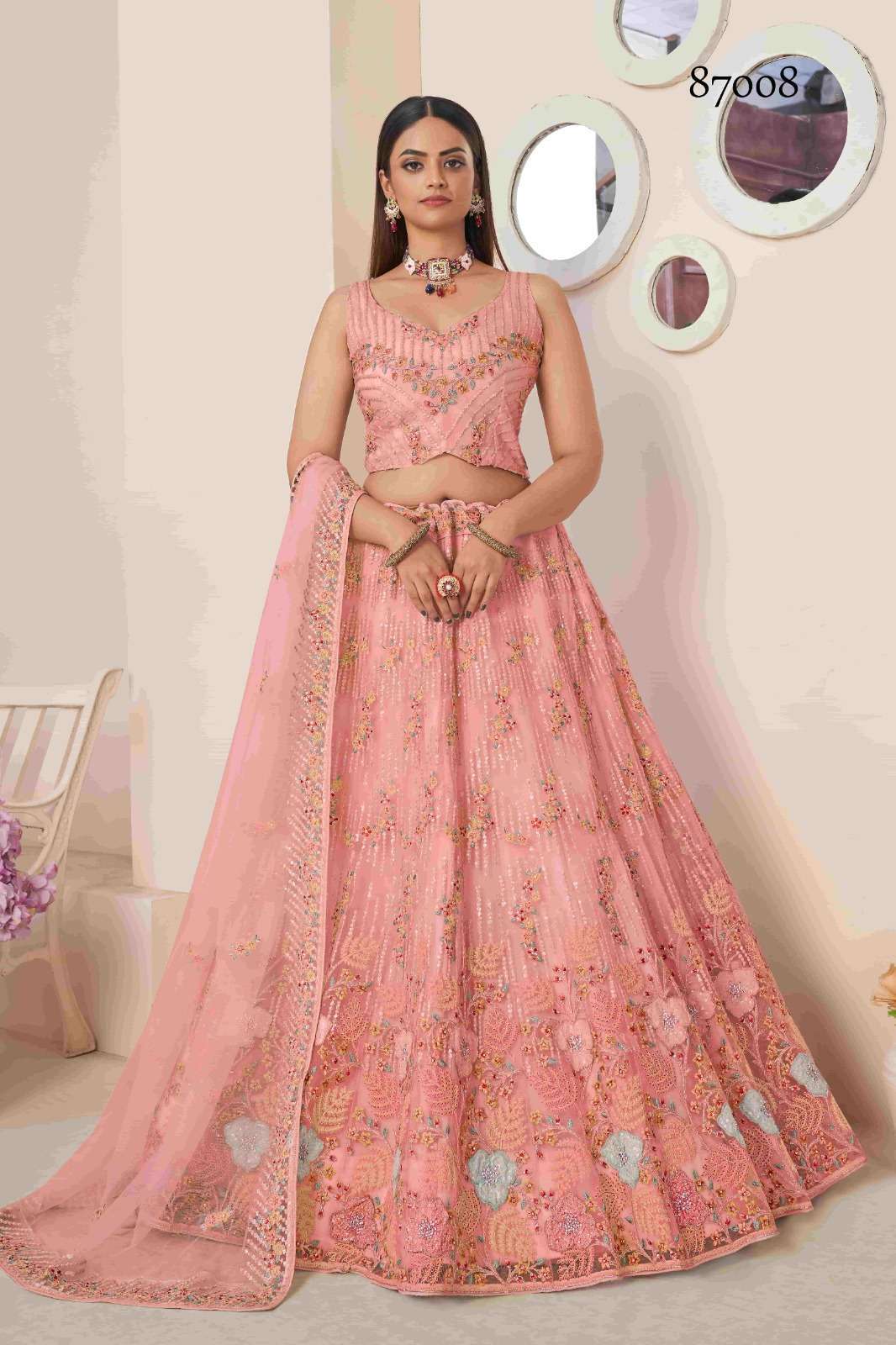 ARYA VOL-52 SERIES 87001 TO 8726 BY ARYA DESIGNER WITH HEAVY WORK NET LEHENGAS ARE AVAILABLE IN SINGLES AT WHOLESALE PRICE