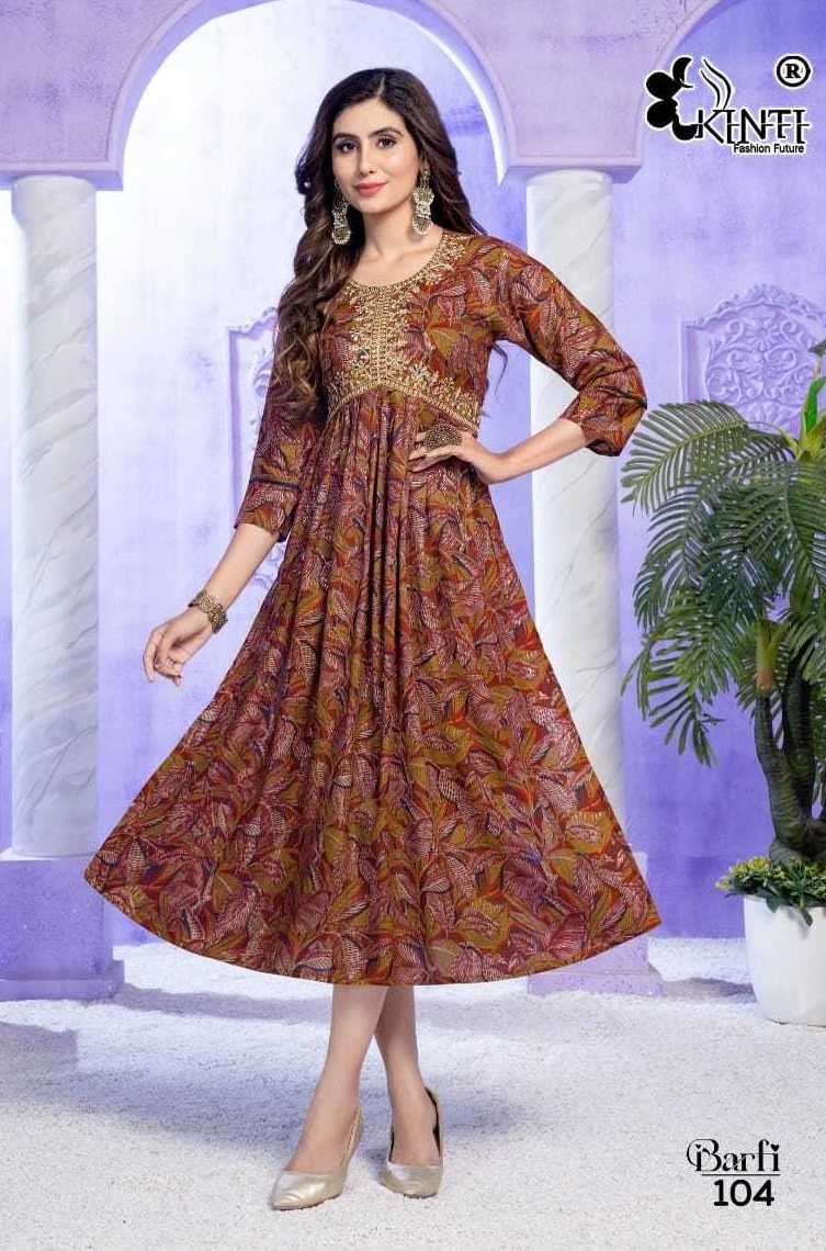 BARFI SERIES 101 TO 108 KURTI BY KINTI DESIGNER WITH FOIL PRINTED CAPSUL KURTIS ARE AVAILABLE AT WHOLESALE PRICE