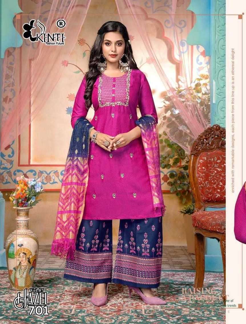 HAZEL VOL-7 SERIES 701 TO 708 BY KINTI DESIGNER WITH PRINTED RAYON KURTI WITH PLAZZO AND DUPATTA ARE AVAILABLE AT WHOLESALE PRICE