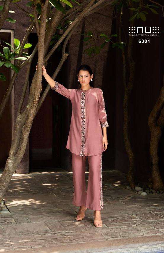 NU VOL- 63 SERIES 6301 TO 6306 DESIGNER WITH WORK VISCOSE SILK CO ORD SETS ARE AVAILABLE AT WHOLESALE PRICE