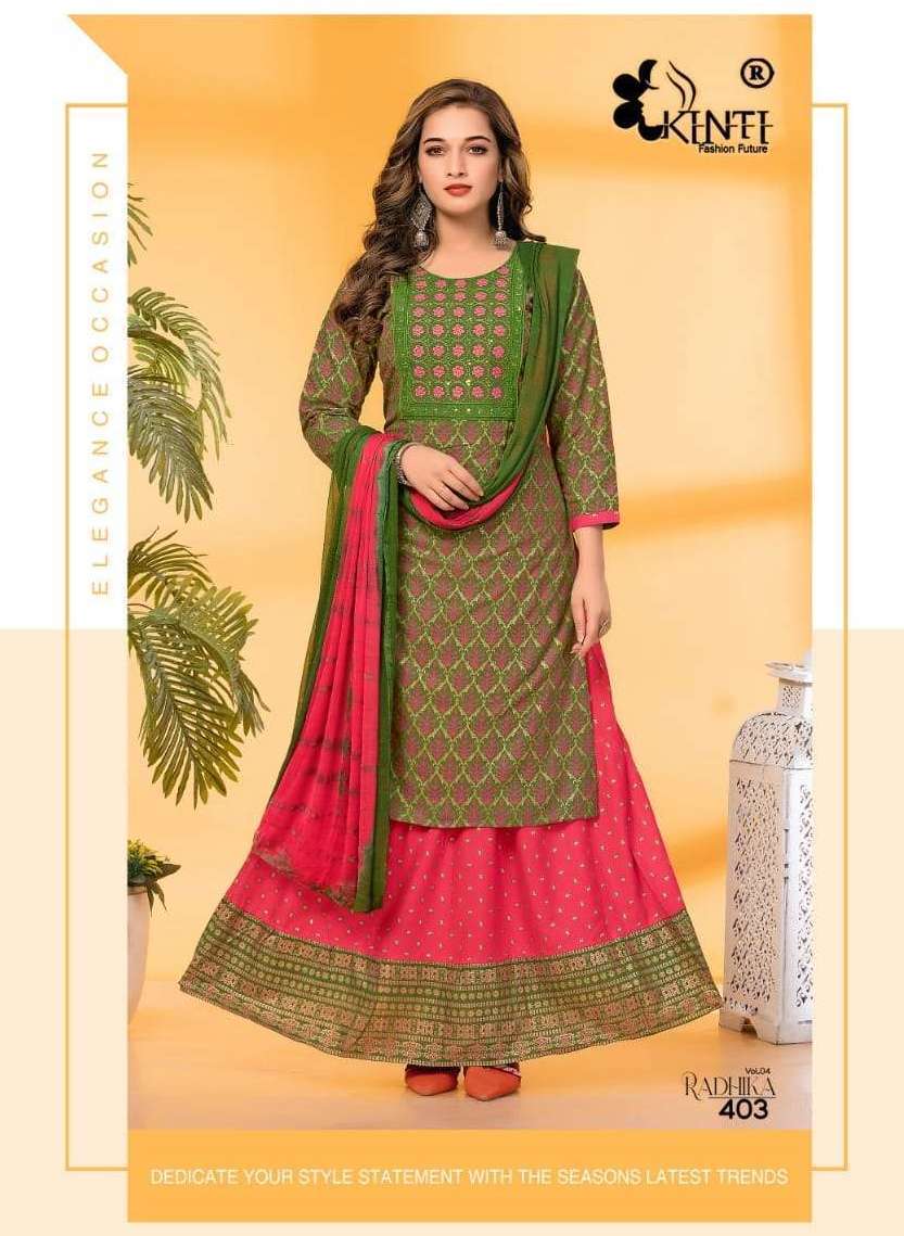 RADHIKA VOL-4 SERIES 101 TO 106 BY KINTI DESIGNER WITH RAYON PRINTED KURTI WITH SKIRT ARE AVAILABLE AT WHOLESALE PRICE