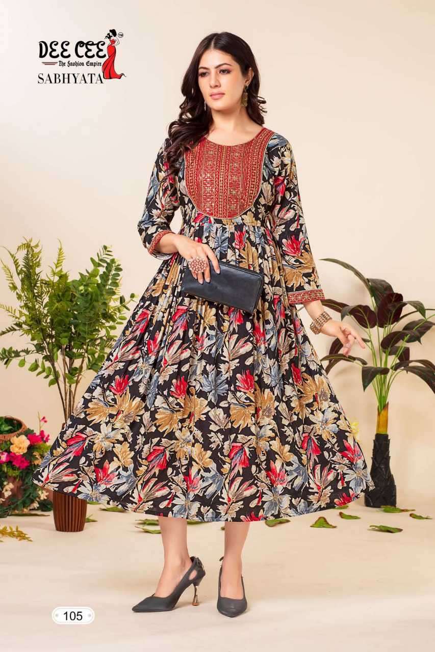 sabhyata series 101 to 106 by dee cee designer with printed rayon kurtis are available at wholesale price 2023 10 19 16 05 06