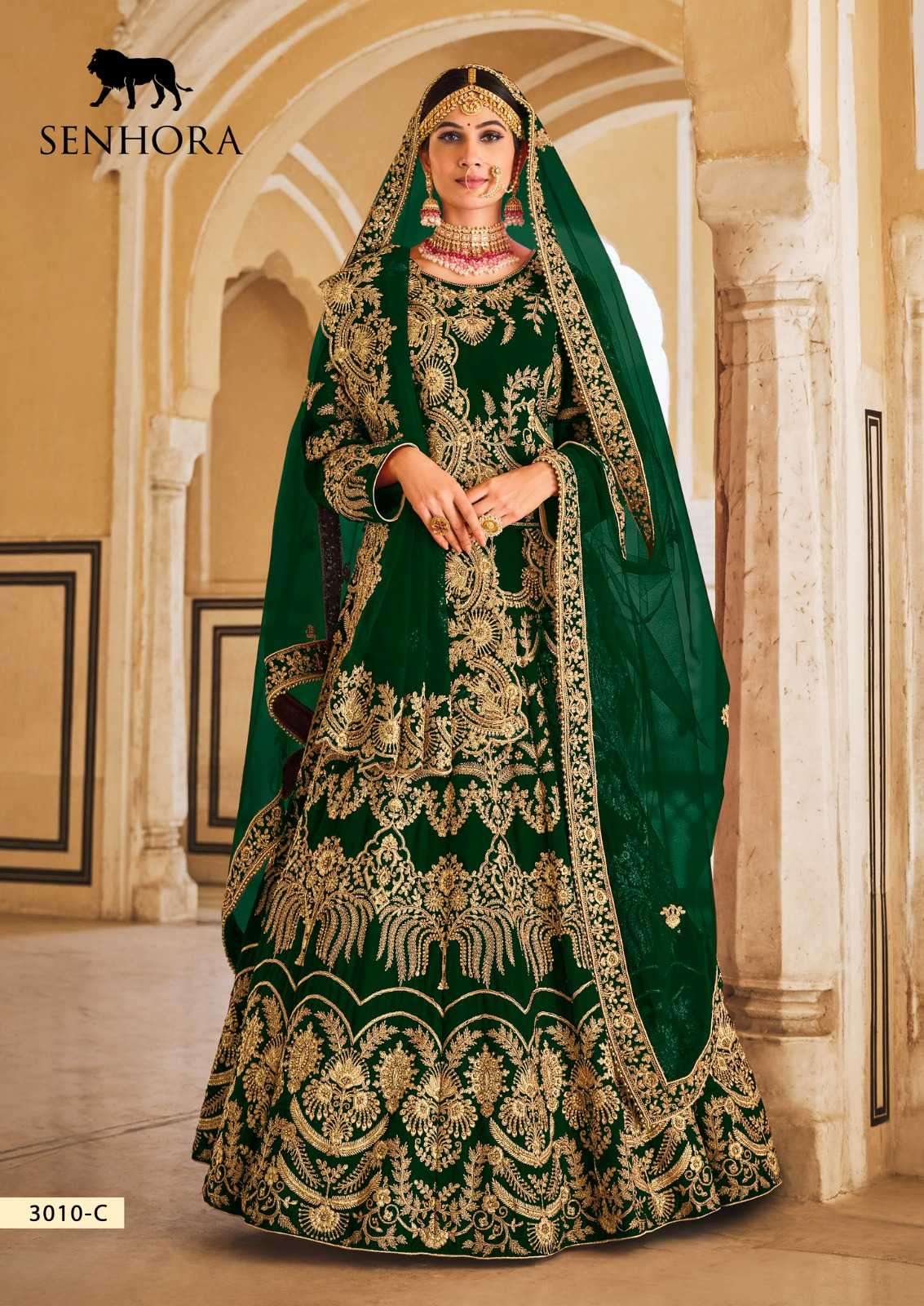 VEDANSHI SERIES 3010A TO 3010C BY SENHORA DESIGNER WITH HEAVY WORK BRIDAL WEAR VELVET LEHENGAS ARE AVAILABLE IN SINGLES AT WHOLESALE PRICE