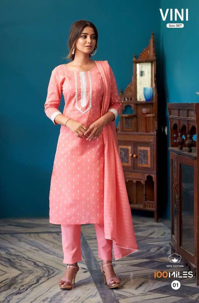 VINI SERIES 01 TO 04 BY 100 M ILES DESIGNER COTTON JACQUARD KURTI WITH PANT AND DUPATTA ARE AVAILABLE AT WHOLESALE PRICE