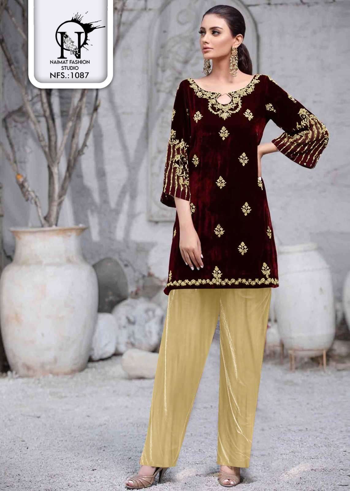 NFS 1087 DESIGNER WITH WORK PAKISTANI STYLE VELVET TOP WITH PANT ARE AVAILABLE AT WHOLESALE PRICE