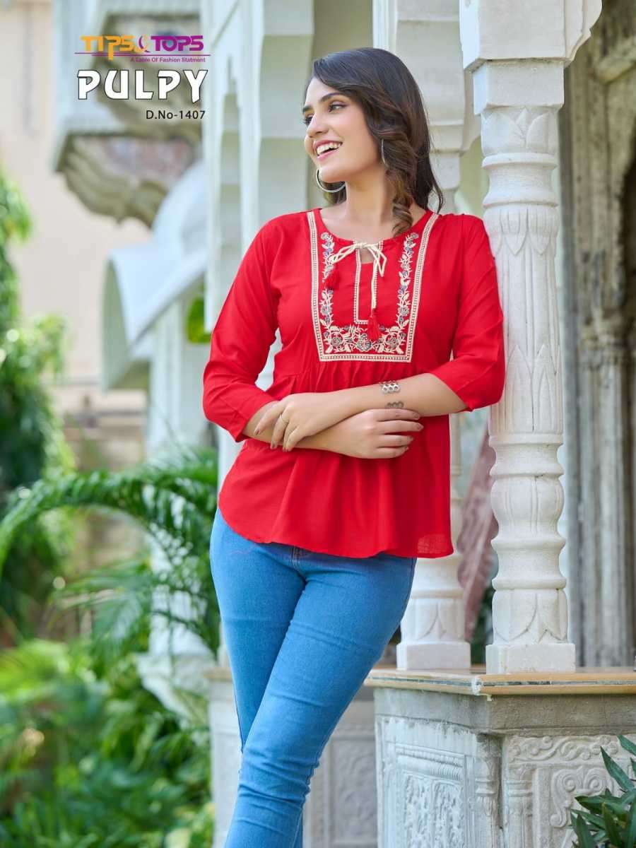 PULPY VOL-14 SERIES 1401 TO 1409 TOP BY TIPS & TOPS DESIGNER WITH EMBROIDERY WORK RAYON TOPS ARE AVAILABLE AT WHOLESALE PRICE