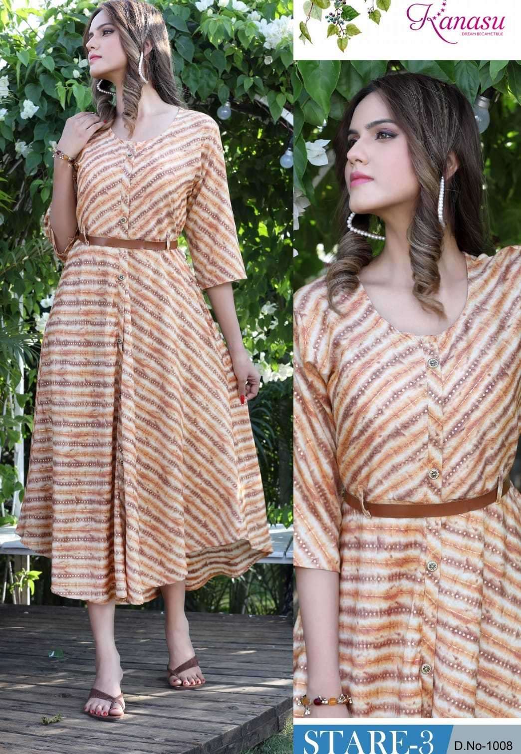 STARE VOL-3 SERIES 1001 TO 1008 BY KANASU DESIGNER WITH PRINTED RAYON KURTIS ARE AVAILABLE AT WHOLESALE PRICE