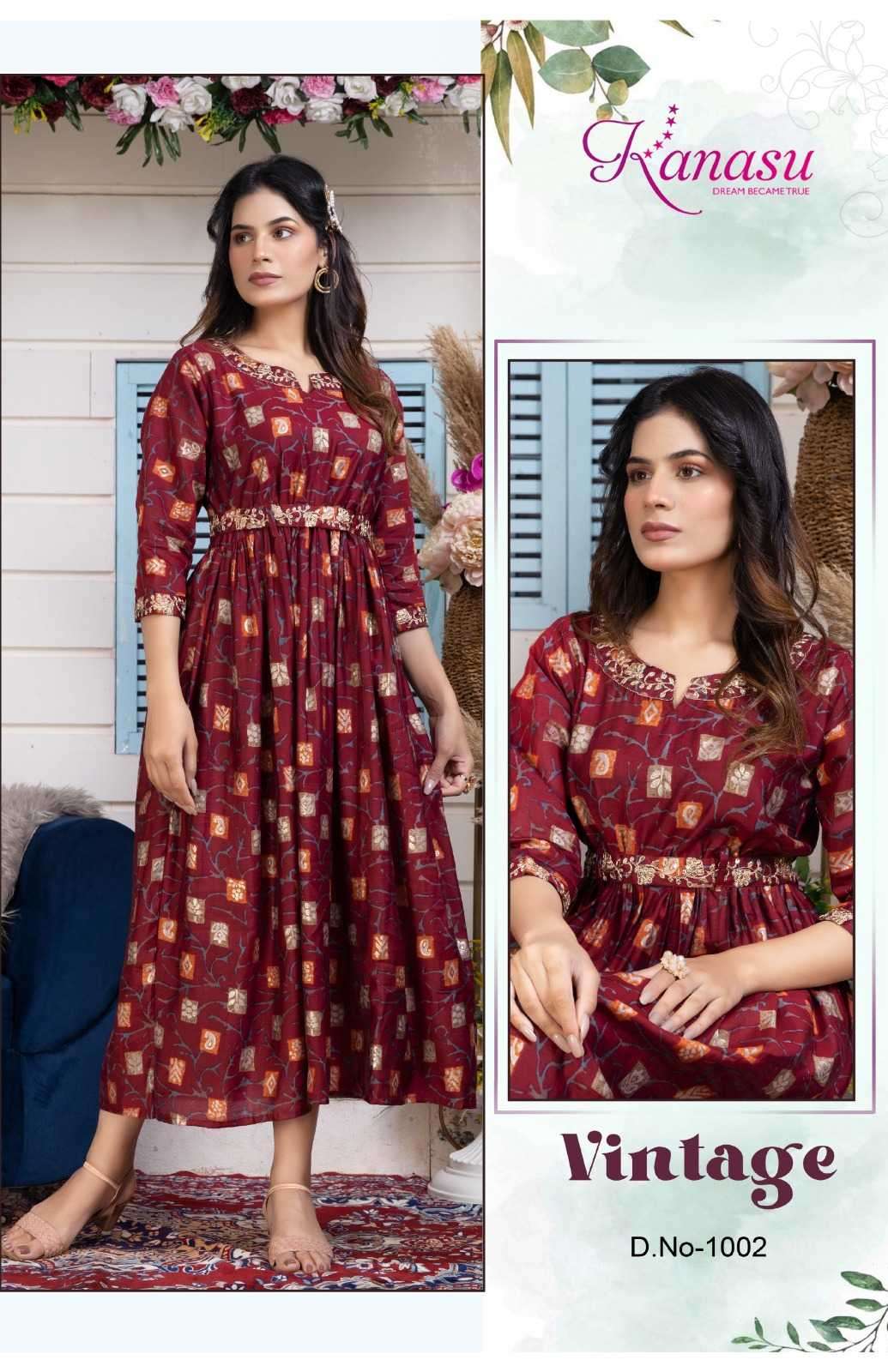 VINTAGE SERIES 1001 TO 1006 KURTI BY KANASU DESIGNER WITH PRINTED CHANDERI MODAL KURTIS ARE AVAILABLE AT WHOLESALE PRICE