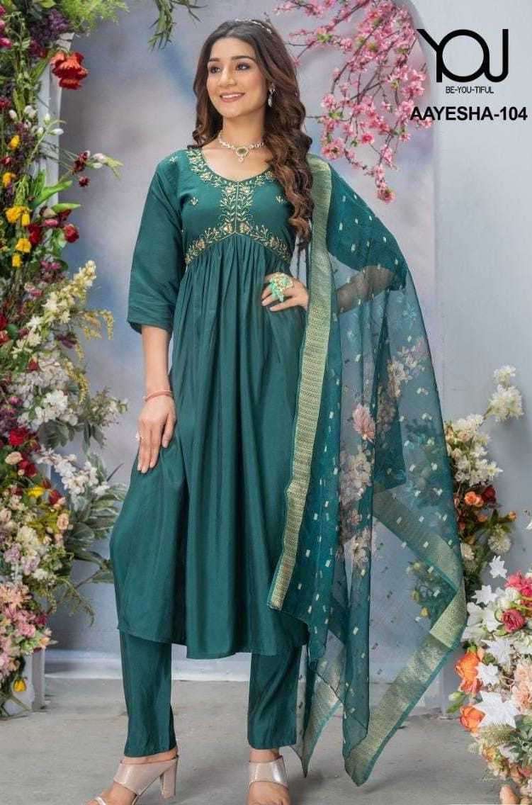 AAYESHA SERIES 101 TO 105 KURTI BY YOU DESIGNER WITH WORK SILK KURTI WITH PANT AND DUPATTA ARE AVAILABLE AT WHOLESALE PRICE
