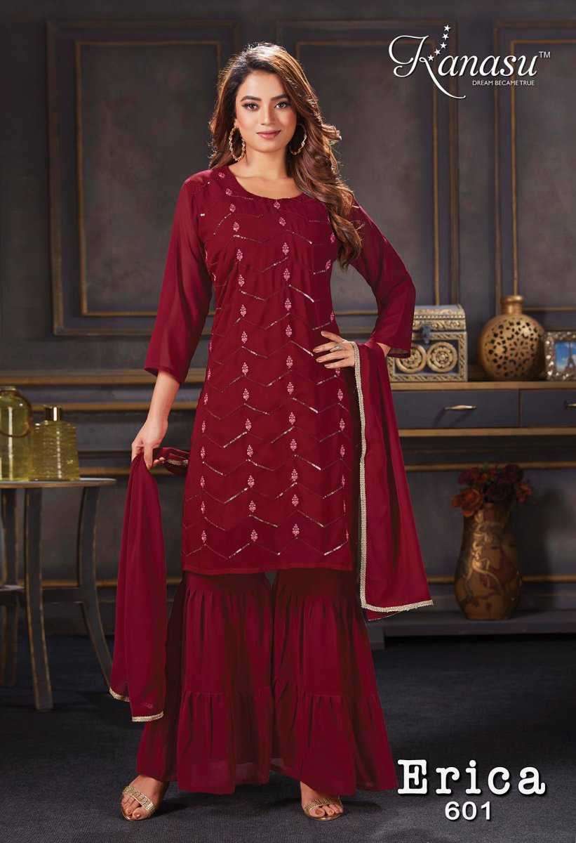 ERICA SERIES 601 TO 608 BY KANASU DESIGNER WITH WORK GEORGETTE KURTI WITH BOTTOM AND DUPATTA ARE AVAILABLE AT WHOLESALE PRICE