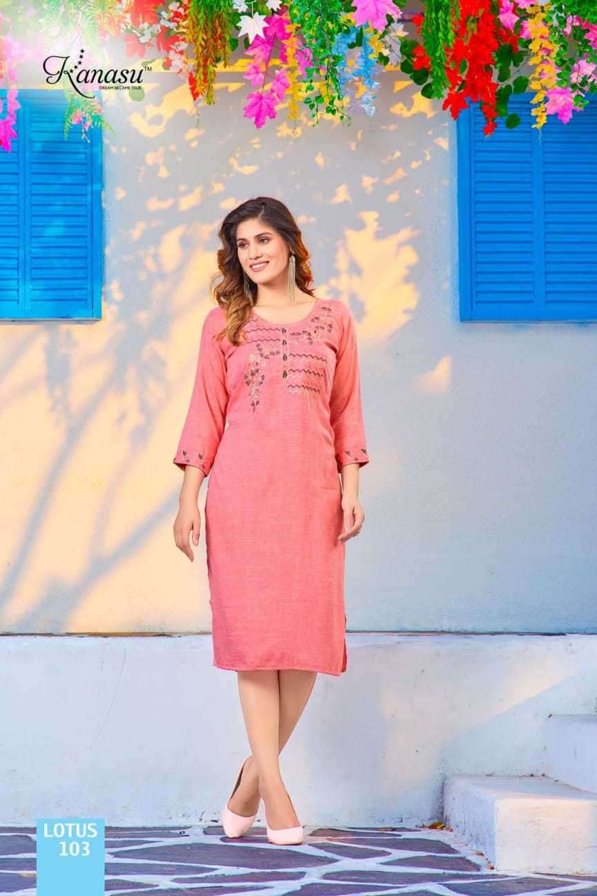 LOTUS SERIES 101 TO 107 KURTI BY KANASU DESIGNER WITH WORK RAYON KURTS ARE AVAILABLE AT WHOLESALE PRICE