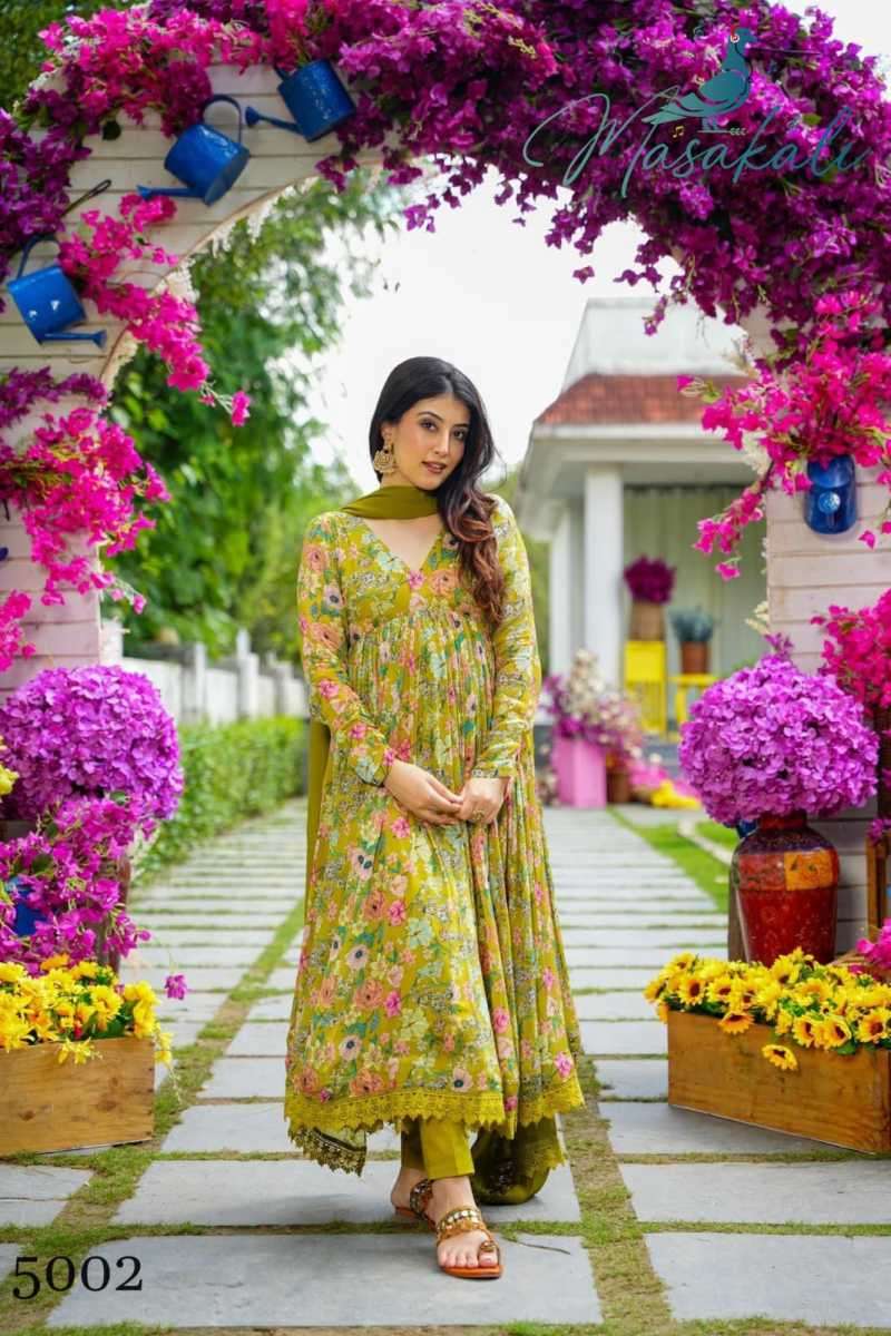 MASAKALI VOL-5 SERIES 5001 TO 5004 DESIGNER WITH PRINTED AND WORK MUSLIN GOWNS WITH BOTTOM AND DUPATTA ARE AVAILABLE AT WHOLESALE PRICE