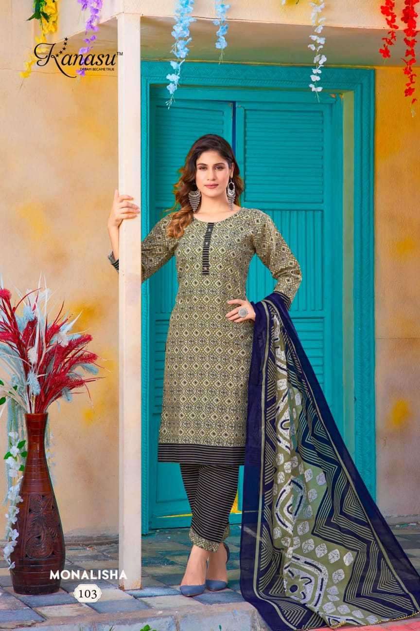 MONALISHA SERIES 101 TO 108 BY KANASU DESIGNER WITH PRINTED COTTON KURTI WITH PANT AND DUPATTA ARE AVAILABLE AT WHOLESALE PRICE