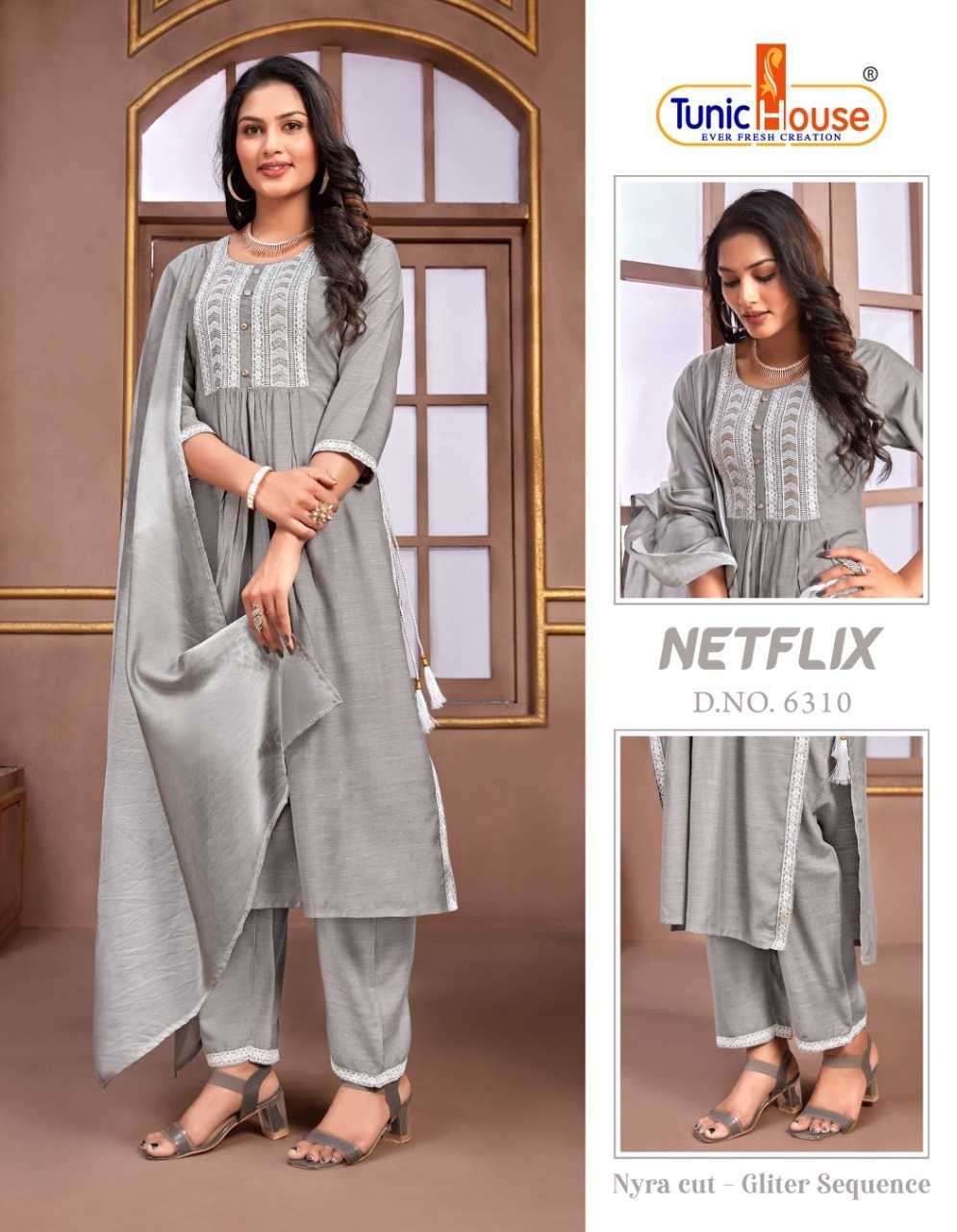 NETFLIX SERIES 6301 TO 6312 BY TUNIC HOUSE DESIGNER WITH WORK VISCOSE KURTI WITH BOTTOM AND DUPATTA ARE AVAILABLE AT WHOLESALE PRICE