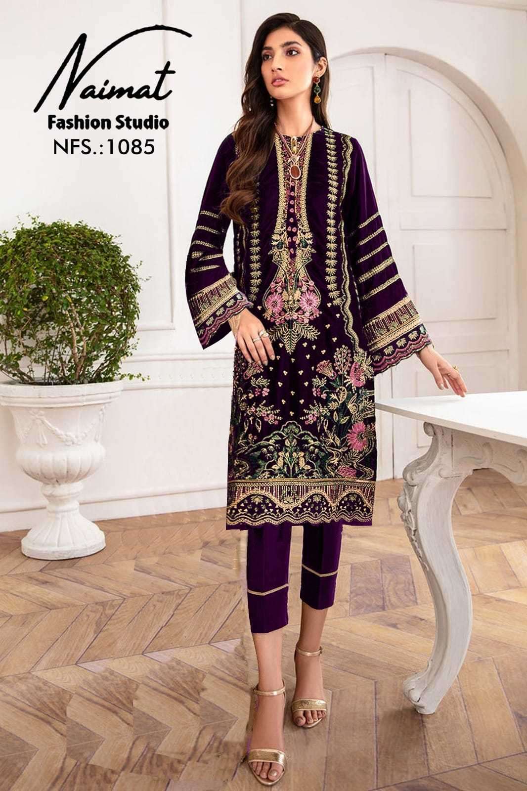NFS 1085 DESIGNER WITH WORK PAKISTANI STYLE READYMADE VELVET SUITS ARE AVAILABLE AT WHOLESALE PRICE