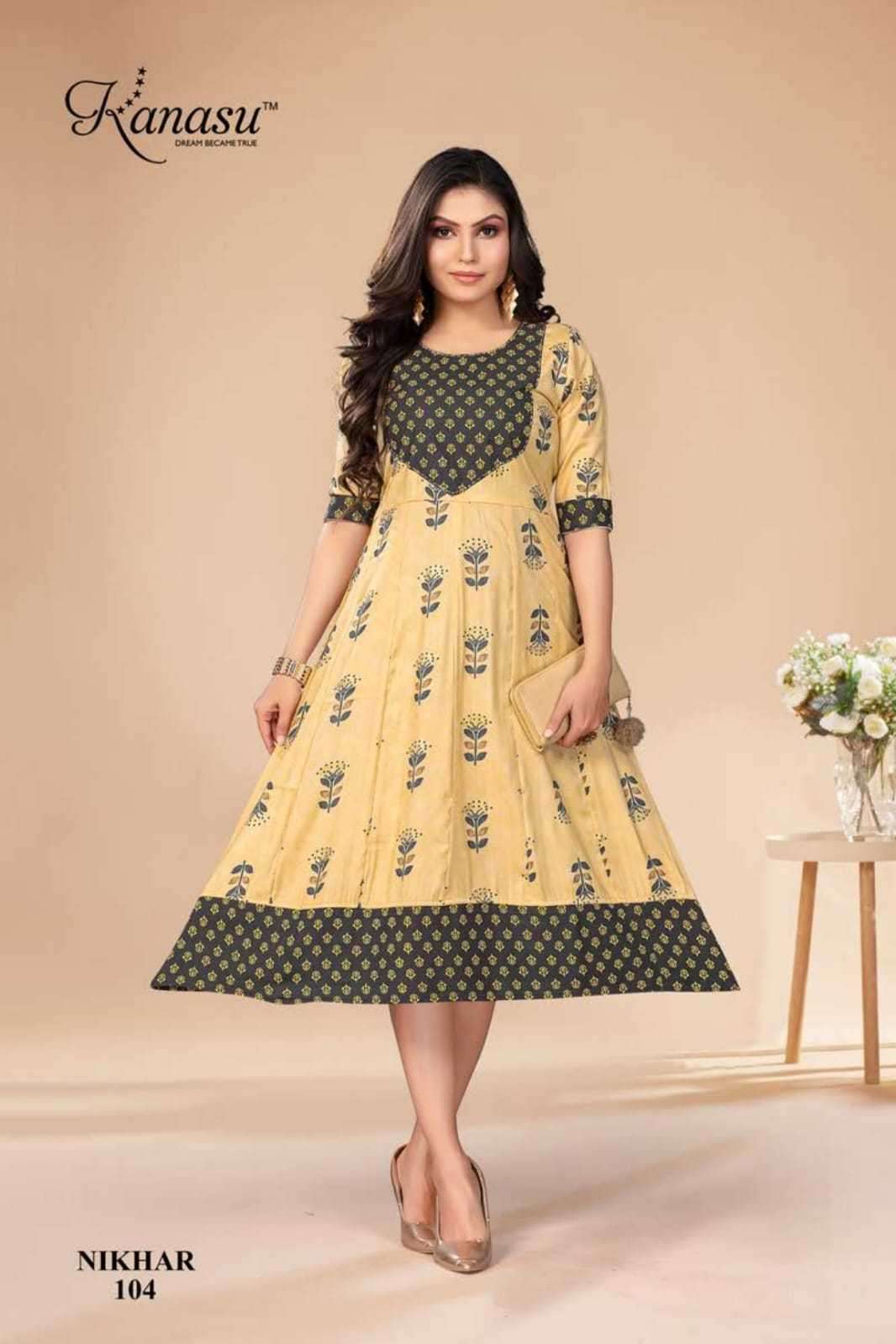 NIKHAR SERIES 101 TO 107 KURTI BY KANASU DESIGNER PRINTED RAYON CAPSUL KURTIS ARE AVAILABLE AT WHOLESALE PRICE