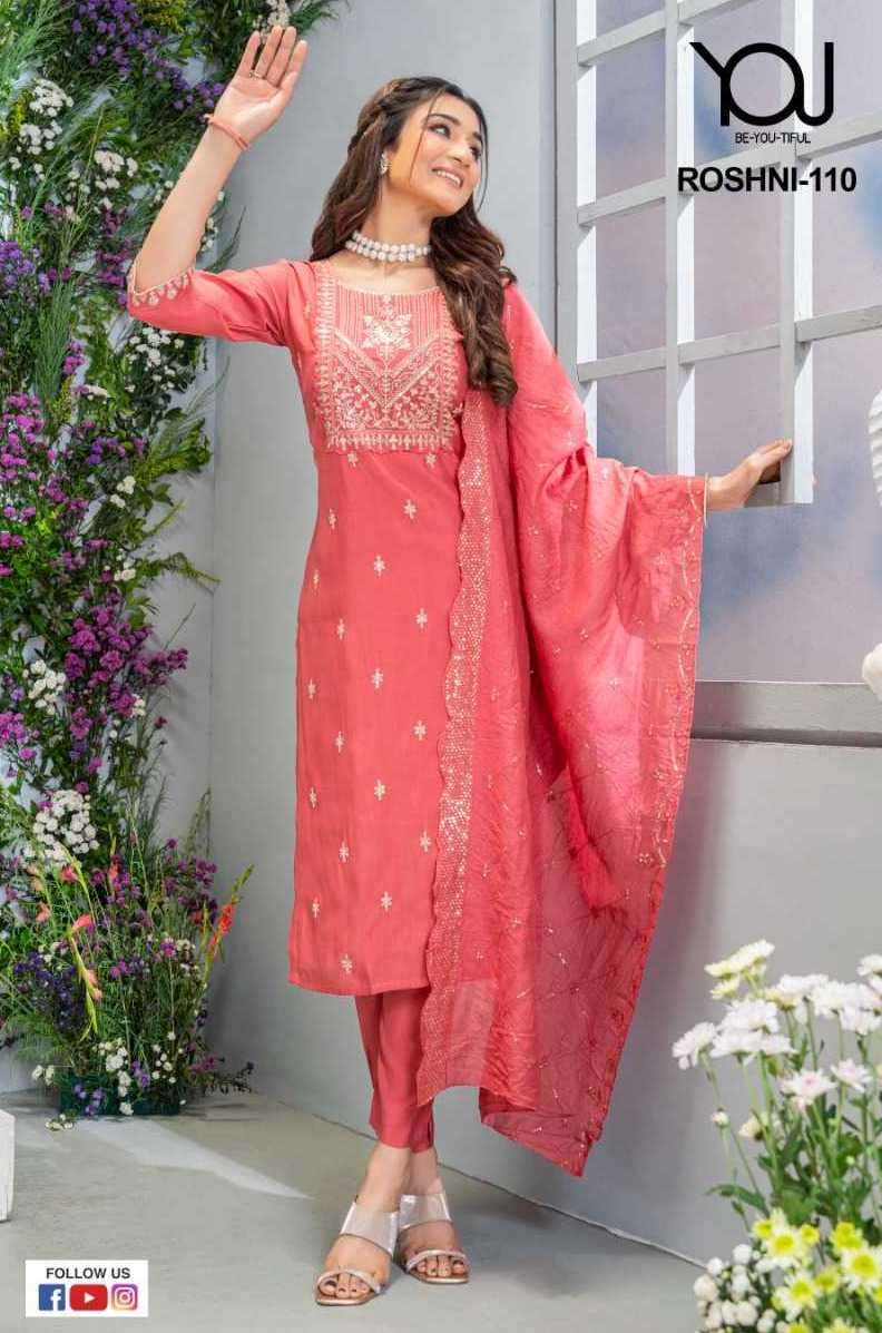 ROSHNI SERIES 101 TO 105 KURTI BY YOU DESIGNER WITH WORK SILK KURTI WITH PANT AND DUPATTA ARE AVAILABLE AT WHOLESALE PRICE