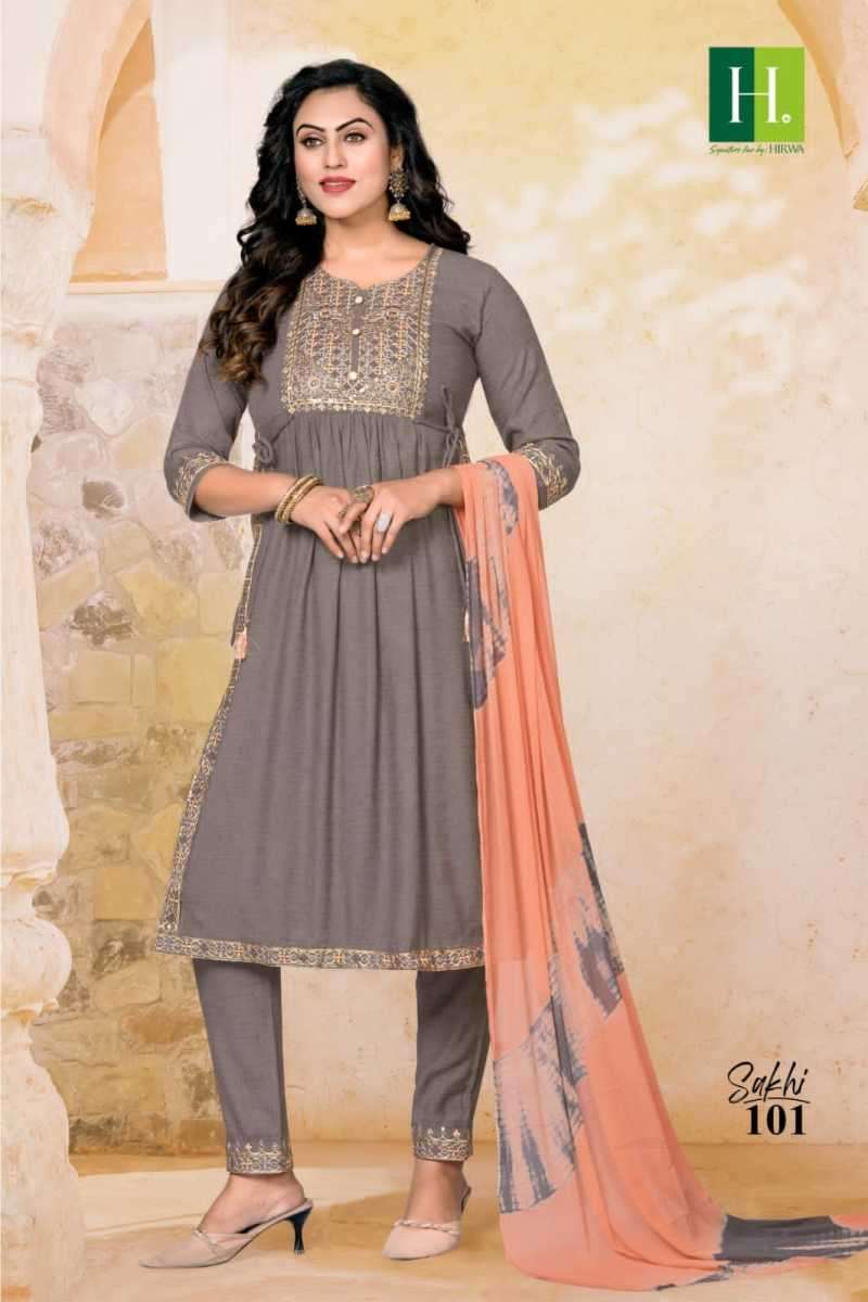 SAKHI SERIES 101 TO 107 BY HIRWA DESIGNER WITH WORK RAYON ALIA CUT KURTI WITH PANT AND DUPATTA ARE AVAILABLE AT WHOLESALE PRICE