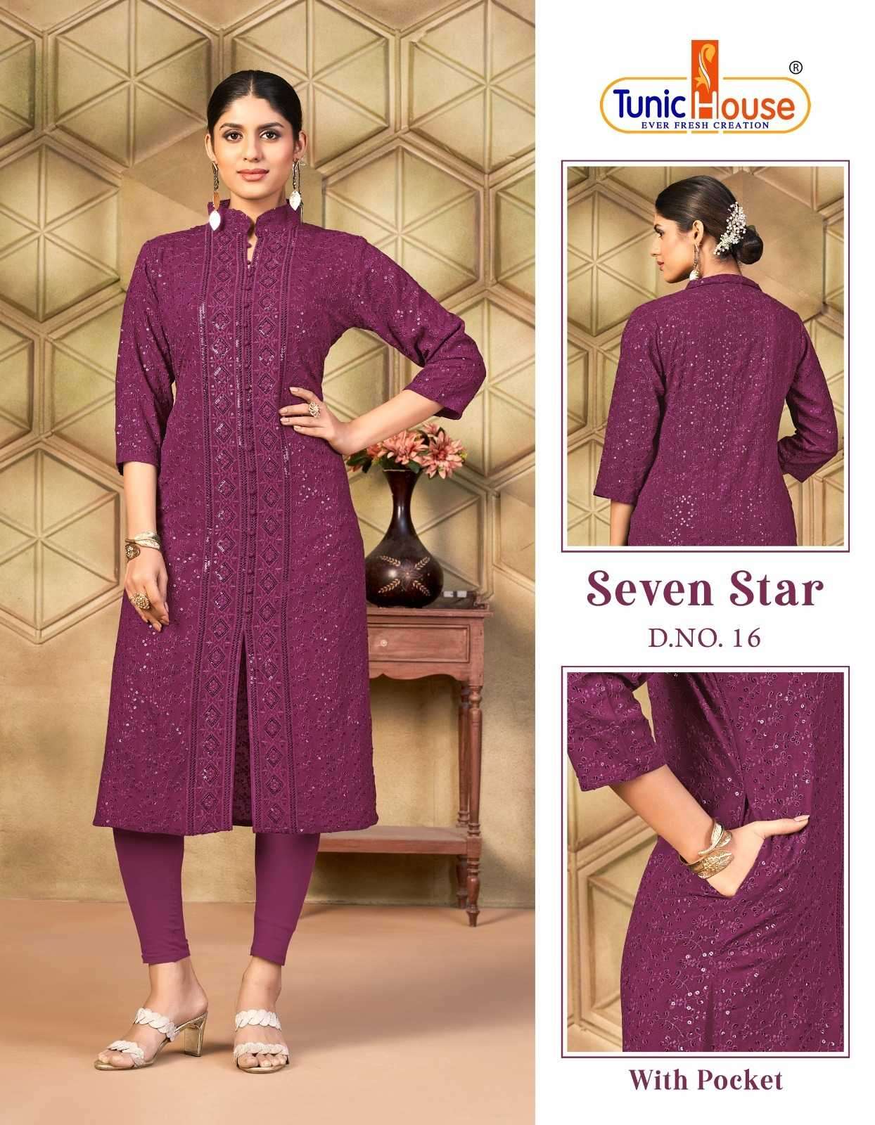 SEVEN STAR SERIES 01 TO 21 BY TUNIC HOUSE DESIGNER WITH WORK RAYON KURTI WITH BOTTOM ARE AVAILABLE AT WHOLESALE PRICE