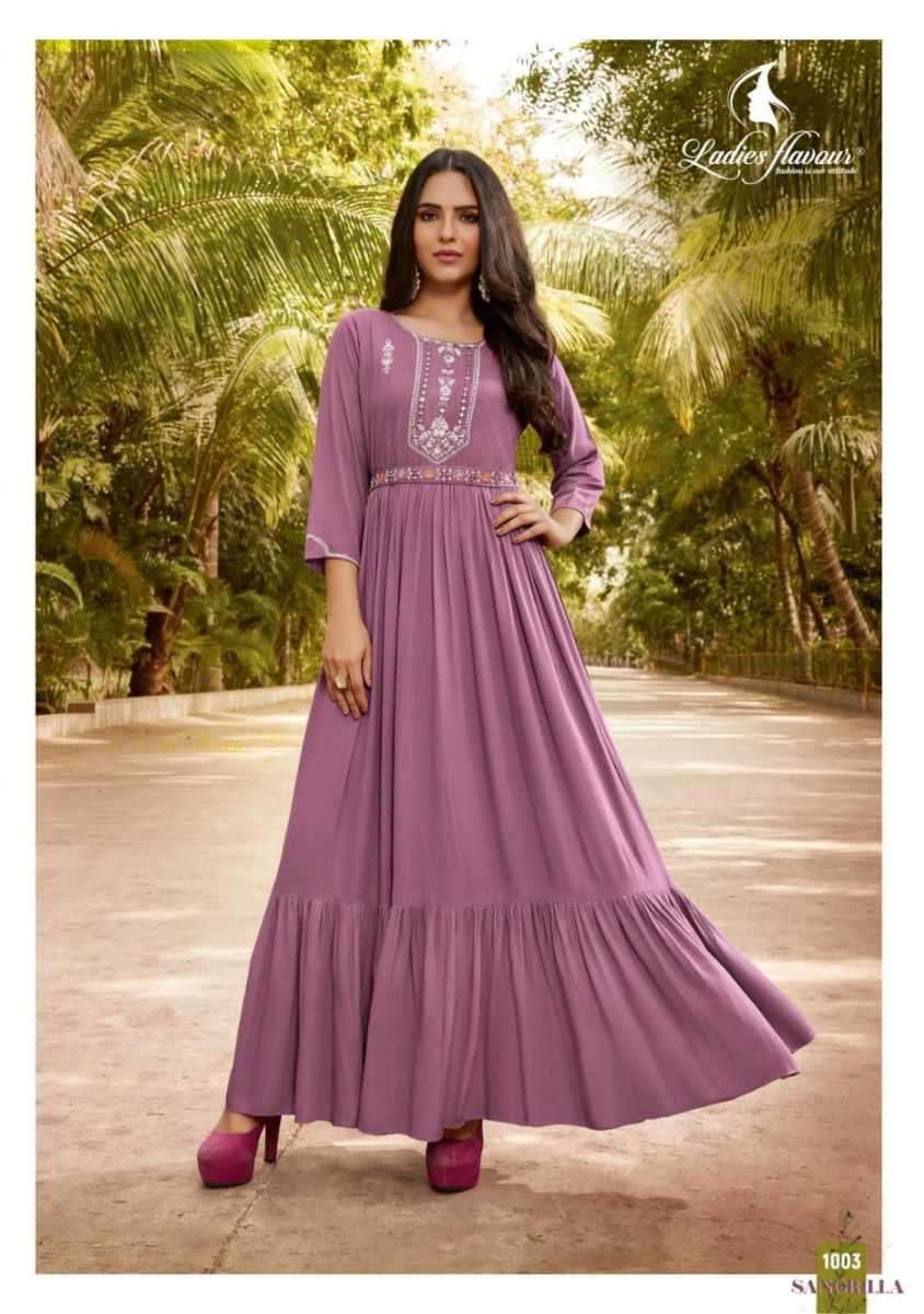 SHANGRILLA SERIES 1001 TO 1004 BY LADIES FLAVOUR DESIGNER WITH WORK RAYON WRINKLE GOWN STYLE KURTIS ARE AVAILABLE AT WHOLESALE PRICE