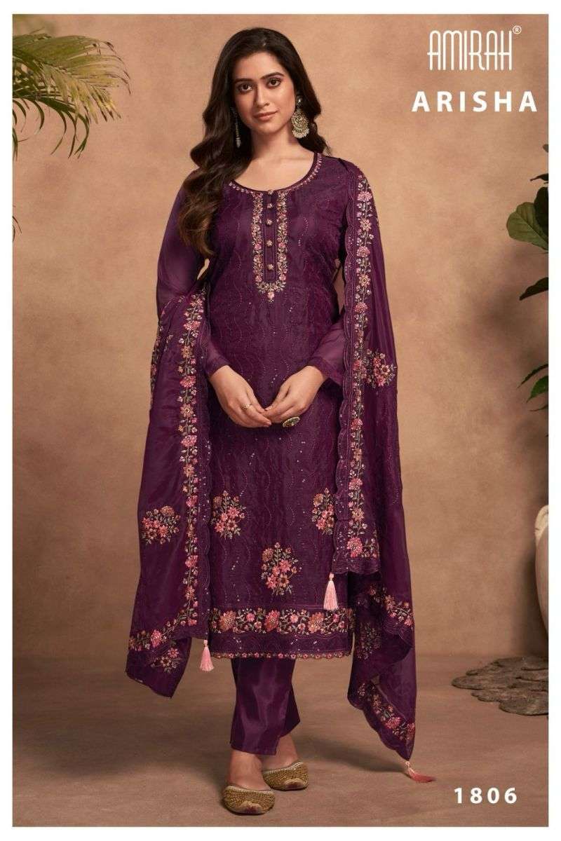 ARISHA SERIES 1801 TO 1806 BY AMIRAH DESIGNER WITH EMBROIDERY WORK ORGANZA SUITS ARE AVAILABLE AT WHOLESALE PRICE