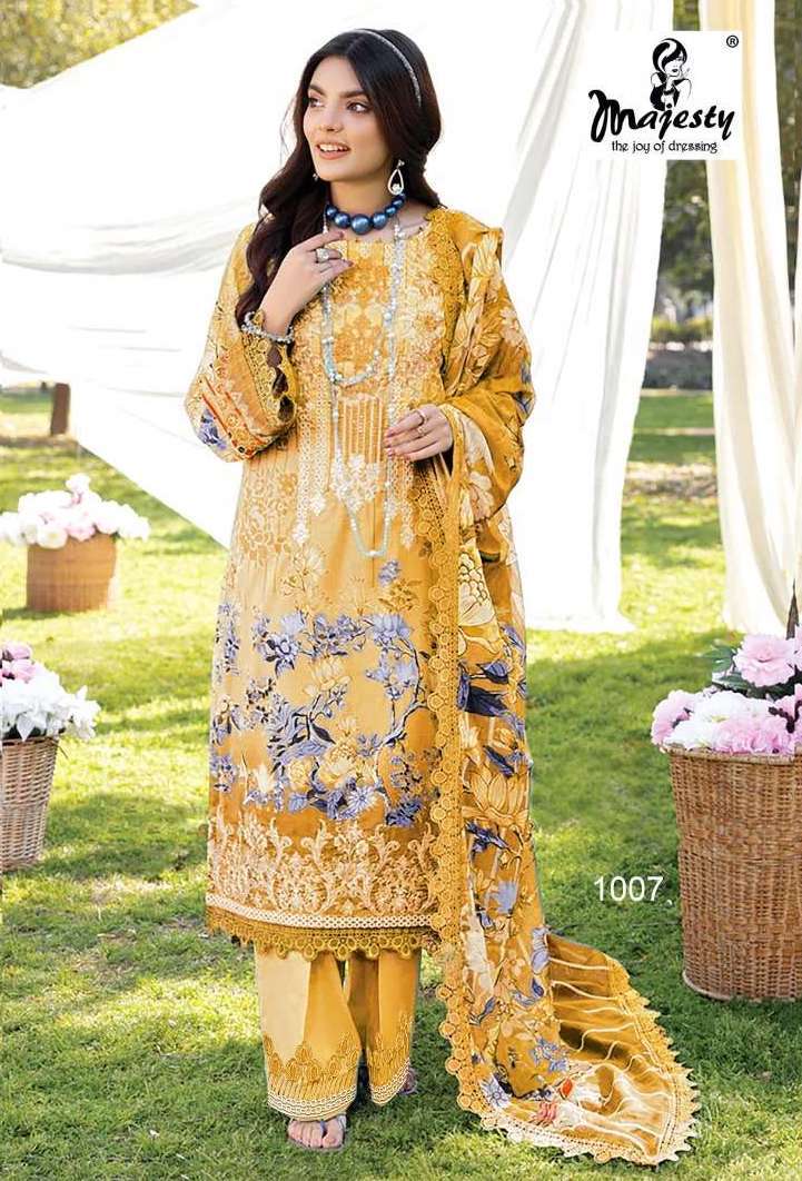 FIRDOUS THE LUXURY LAWN VOL-7 SERIES 1001 TO 1008 BY MAJESTY DESIGNER WITH WORK PAKISTANI STYLE JAM COTTON SUITS ARE AVAILABLE AT WHOLESALE PRICE