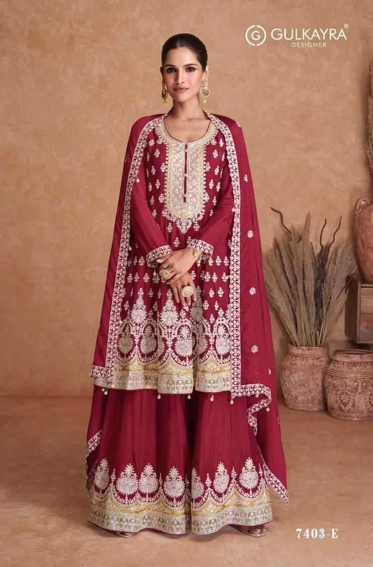 FLORY SERIES 7403A TO 7403D BY GULKAND AASHIRWAD DESIGNER WITH WORK CHINON SUITS ARE AVAILABLE IN SINGLES AT WHOLESALE PRICE