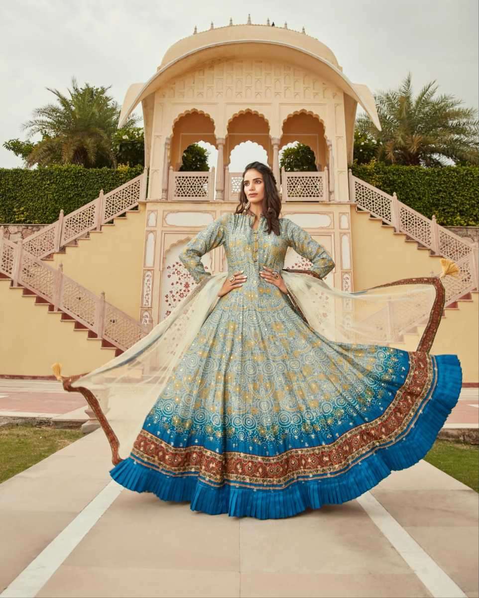 GAJGAMINI SERIES 12000 BY VIRASAT DESIGNER WITH BHANDHANI PRINT AND WORK JACQUARD GOWNS ARE AVAILABLE AT WHOLESALE PRICE