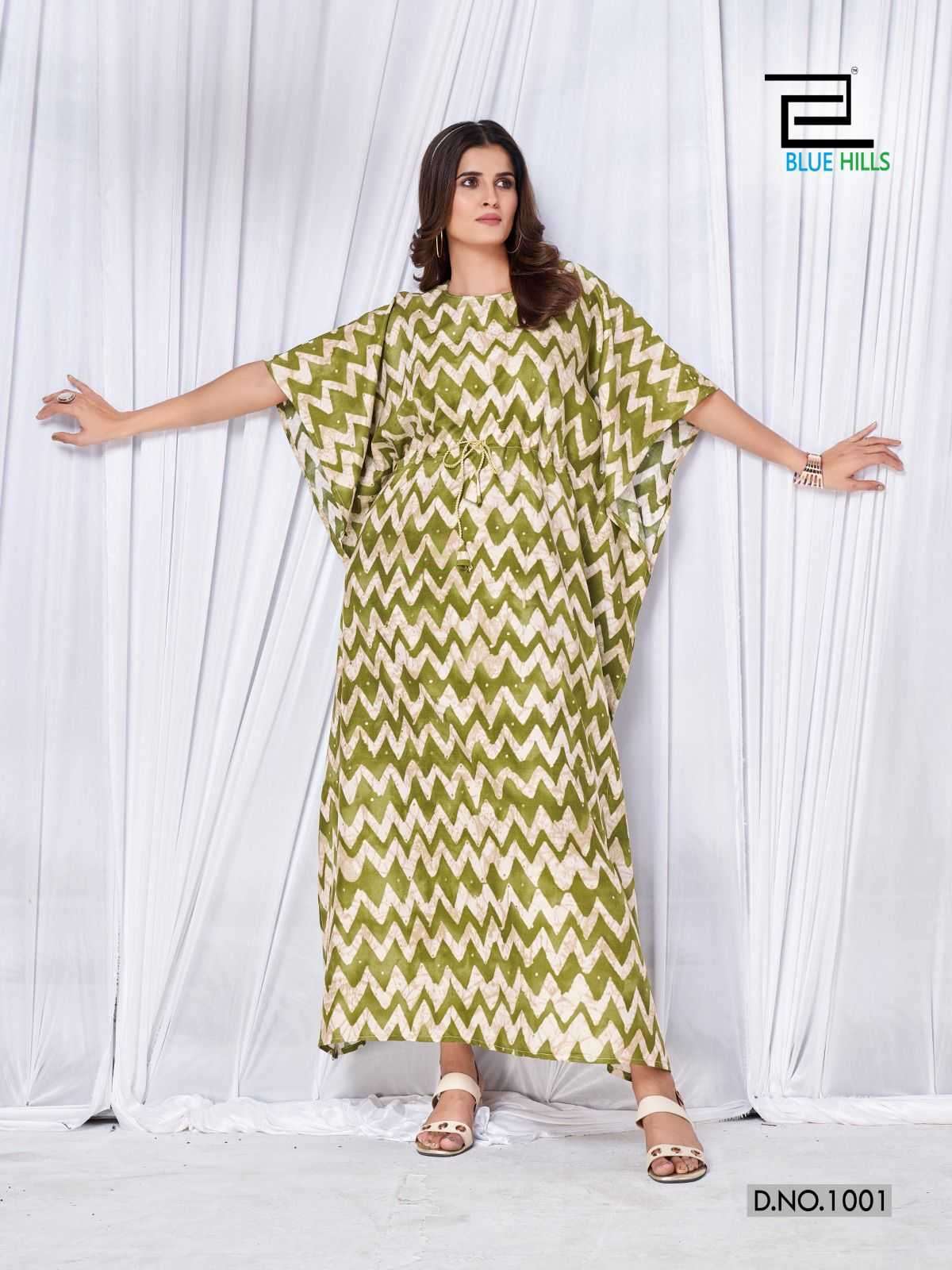 GLORY SERIES 1001 TO 1005 BY BLUE HILLS DESIGNER WITH PRINTED RAYON KAFTAN ARE AVAILABLE AT WHOLESALE PRICE