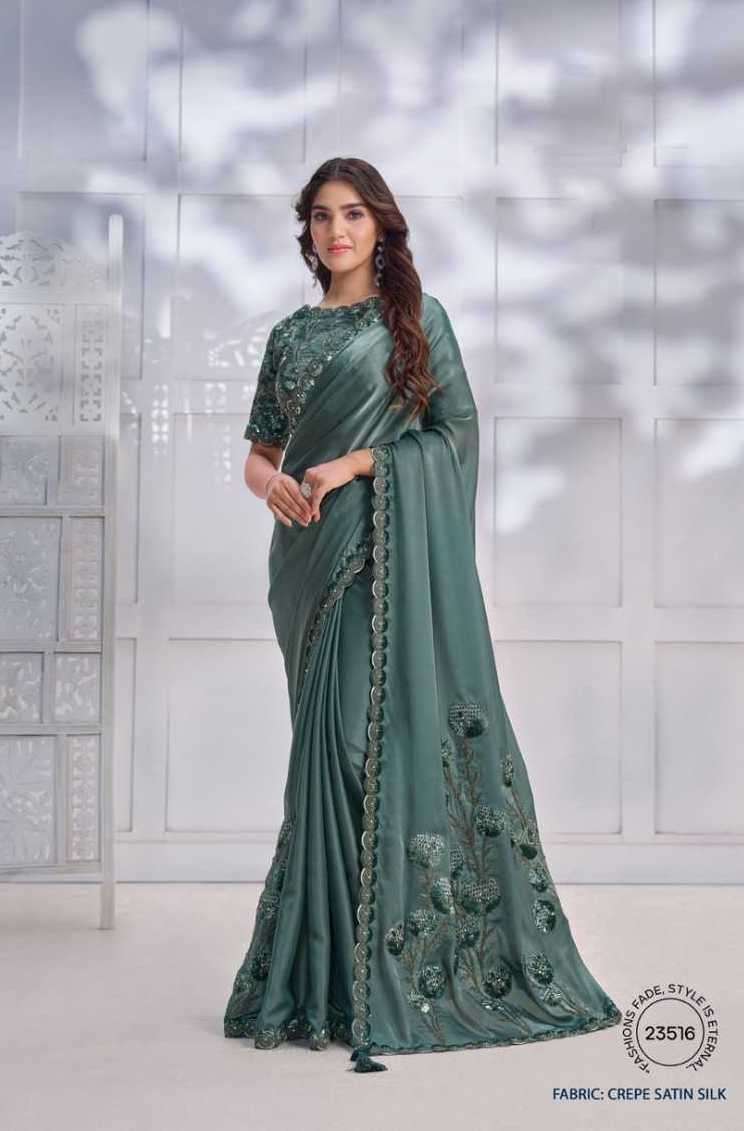 Dark-sea-green thread embroidery silk unstitched lehenga - Mahotsav E  Solution - 3684517