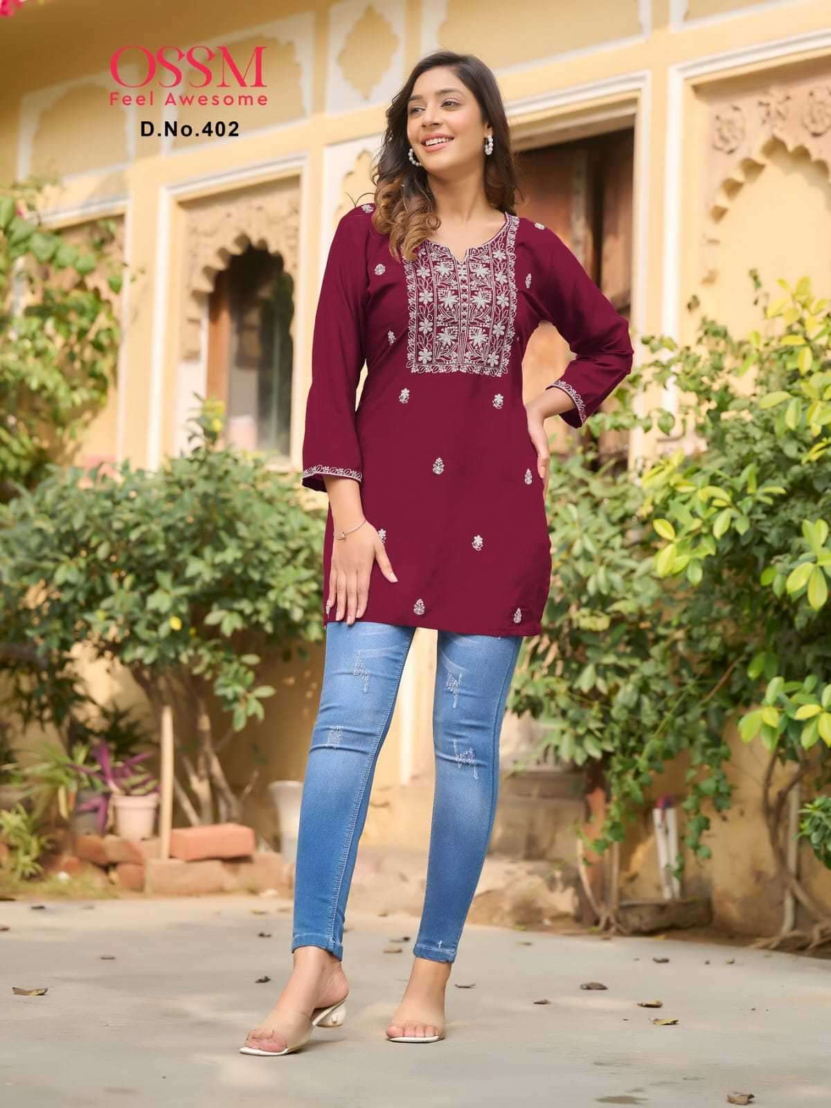 NORA VOL-4 SERIES 401 TO 406 KURTI BY OSSM DESIGNER WITH EMBROIDERY WORK RAYON SHORT KURTIS ARE AVAILABLE AT WHOLESALE PRICE