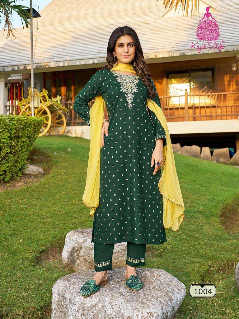 RANGREZ VOL-1 SERIES 1001 TO 1004 BY KAJAL STYLE DESIGNER WITH WORK RAYON TOP WITH PANT AND DUPATTA ARE AVAILABLE AT WHOLESALE PRICE
