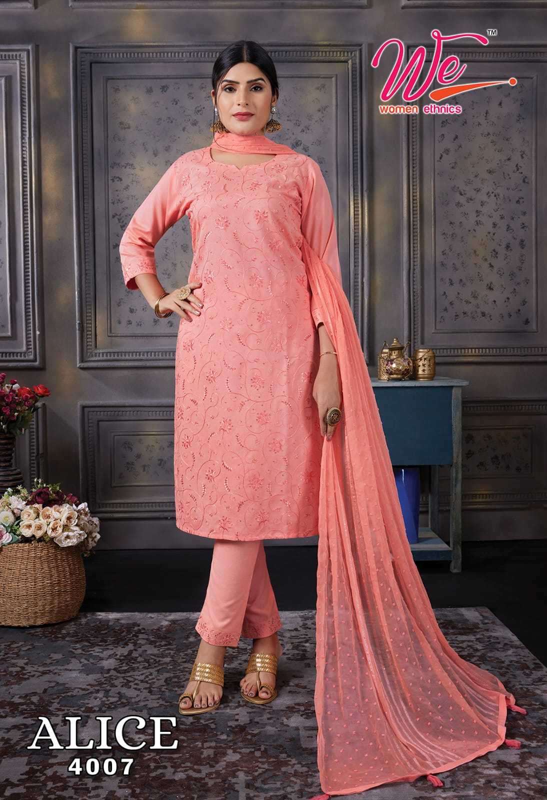ALICE SERIES 4001 TO 4007 BY WE DESIGNER RAYON KURTI WITH PANT AND DUPATTA ARE AVAILABLE AT WHOLESALE PRICE