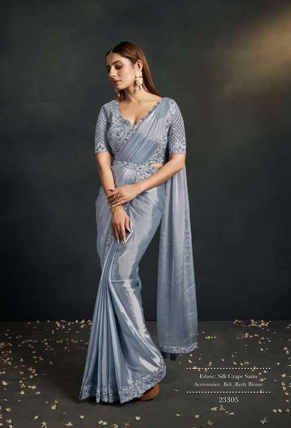 Grey Designer Ready Made Imported Fabric Saree