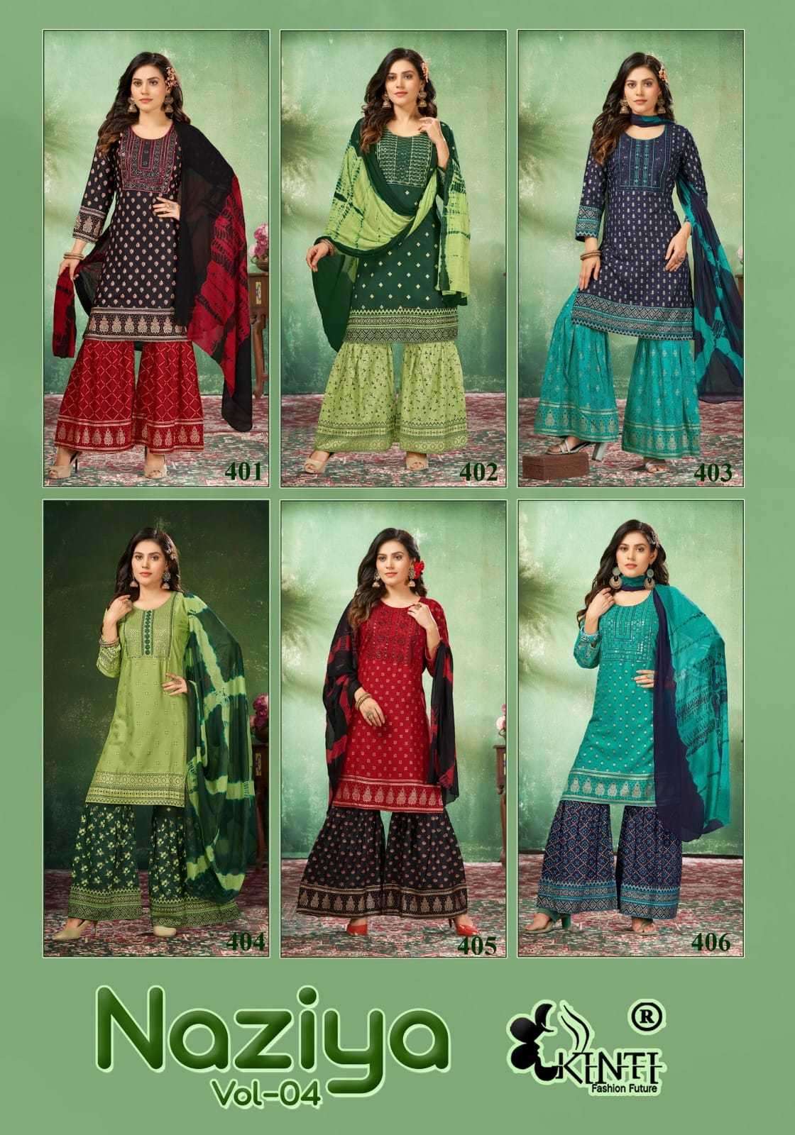 NAZIYA VOL-4 SERIES 401 TO 406 BY KINTI DESIGNER WITH PRINTED RAYON KURTI WITH SHARARA AND DUPATTA ARE AVAILABLE AT WHOLESALE PRICE