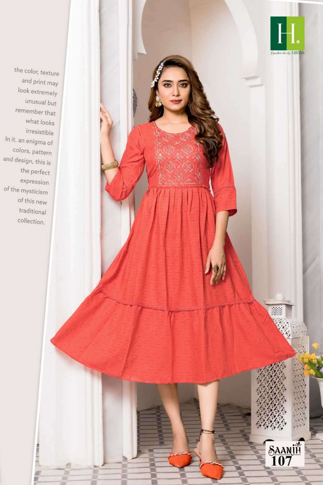 SAANJH SERIES 101 TO 107 KURTI BY HIRWA DESIGNER WITH WORK VISCOSE RAYON KURTIS ARE AVAILABLE AT WHOLESALE PRICE