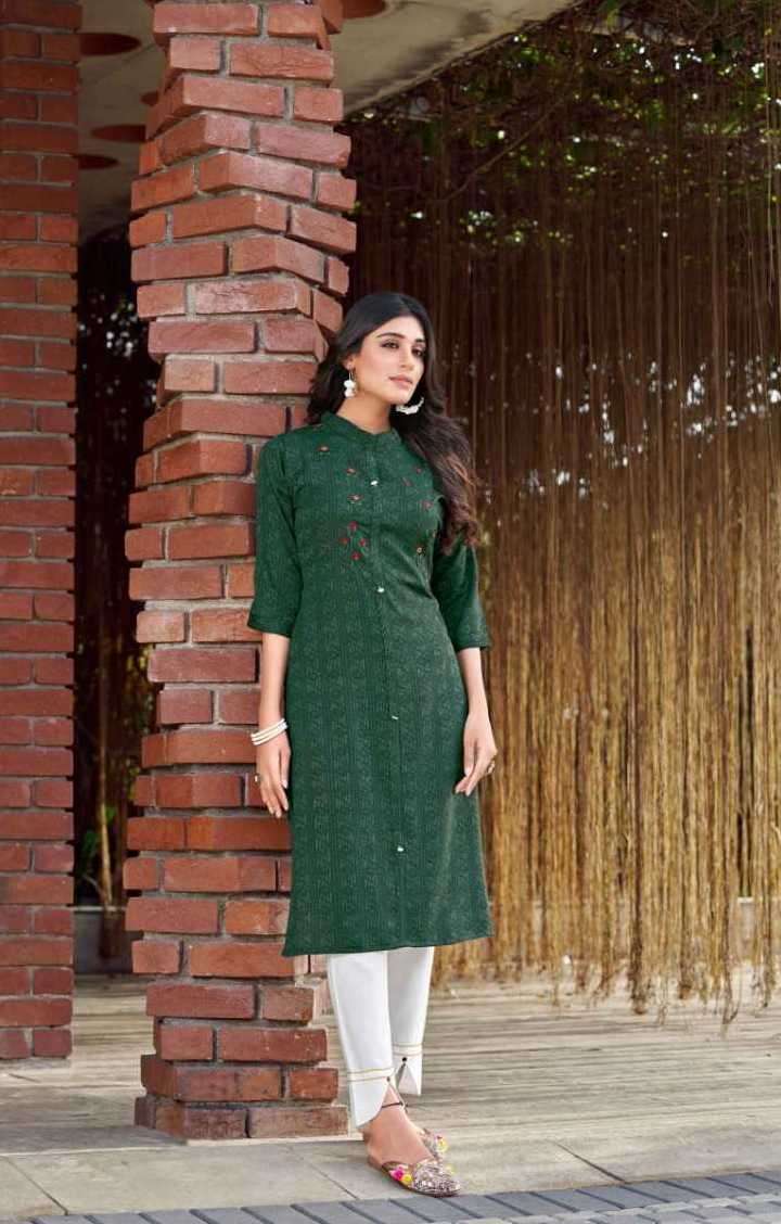 SAFARI SERIES 13352 TO 13355 KURTI BY KALAROOP DESIGNER WITH WORK RAYON KURTIS ARE AVAILABLE AT WHOLESALE PRICE