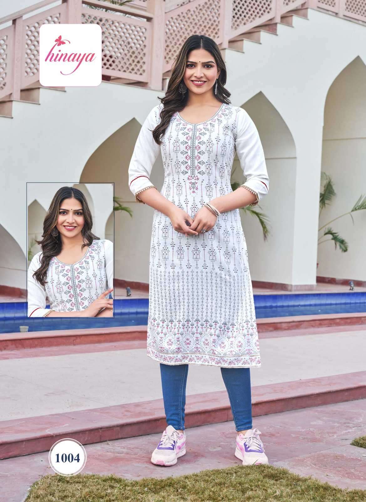 TIARA INFINITY VOL-1 SERIES 1001 TO 1008 KURTI BY HINAYA DESIGNER WITH PRINTED RAYON KURTIS ARE AVAILABLE AT WHOLESALE PRICE