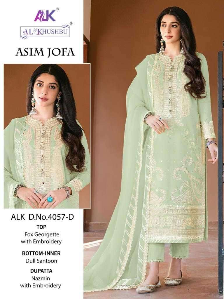 ASIM JOFA SERIES 4057 BY AL KHUSHBU DESIGNER WITH WORK GEORGETTE PAKISTANI STYLE SUITS ARE AVAILABLE AT WHOLESALE PRICE
