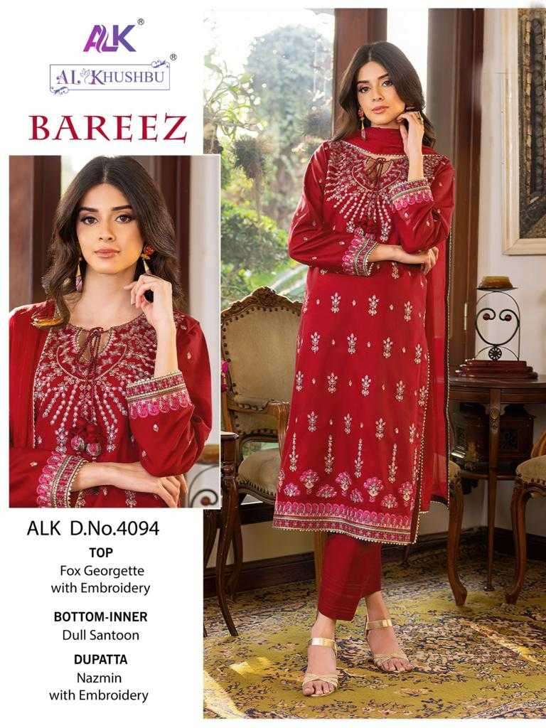 BAREEZ VOL-1 SERIES 4092 TO 4094 BY AL KHUSHBU DESIGNER WITH WORK GEORGETTE PAKISTANI STYLE SUITS ARE AVAILABLE AT WHOLESALE PRICE