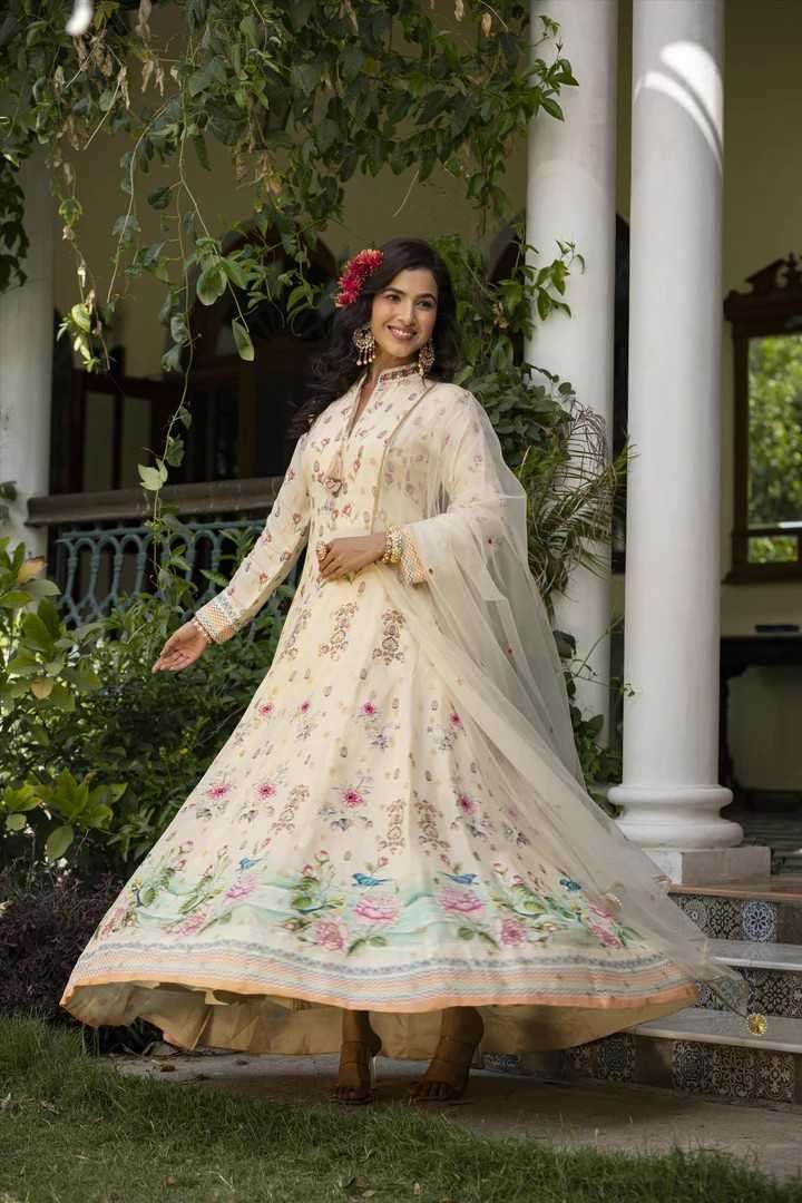 BELA SERIES 31001 TO 31004 BY VIRSATA DESIGNER WITH PRINTED AND WORK DOLA JACQUARD GOWNS ARE AVAILABLE AT WHOLESALE PRICE