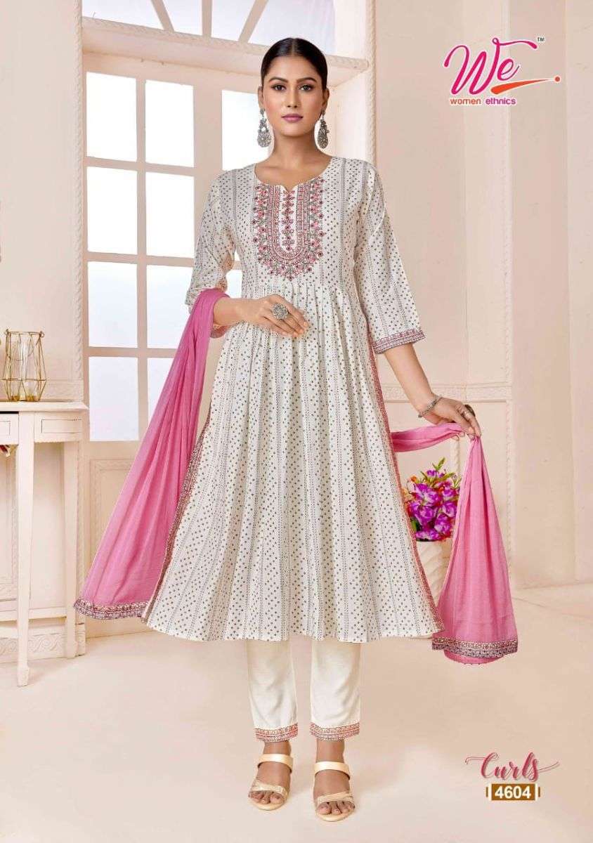 CURLS SERIES 4601 TO 4608 BY WE DESIGNER WITH WORK AND PRINTED RAYON KURTI WITH BOTTOM AND DUPATTA ARE AVAILABLE AT WHOLESALE PRICE