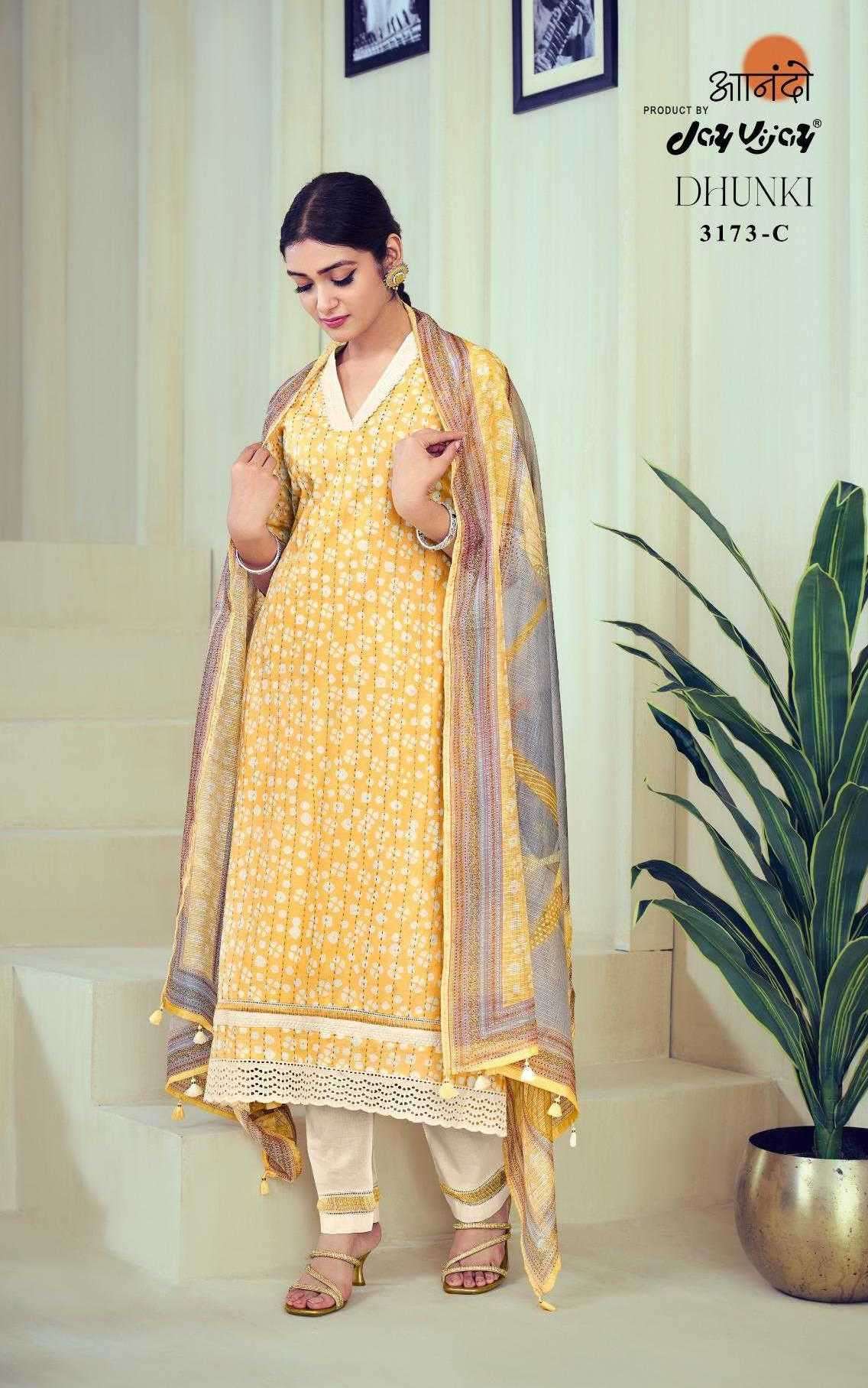 DHUNKI SERIES 3173 BY AANANDO JAY VIJAY DESIGNER WITH PRINTED AND WORK COTTON SUITS ARE AVAILABLE AT WHOLESALE PRICE