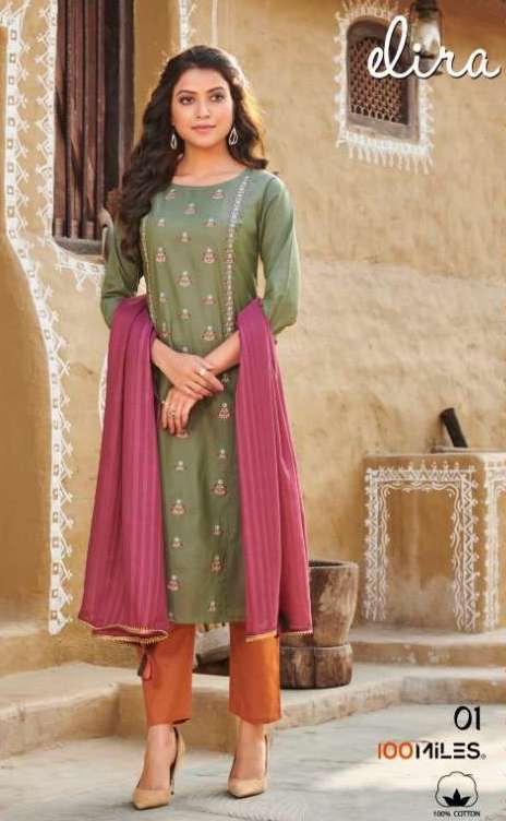 ELIRA SERIES 01 TO 04 BY 100 MILES DESIGNER WITH WORK COTTON KURTI WITH BOTTOM AND DUPATTA ARE AVAILABLE AT WHOLESALE PRICE