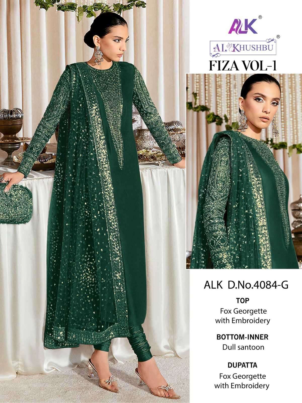 FIZA VOL-1 SERIES 4084 BY AL KHUSHBU DESIGNER WITH WORK GEORGETTE PAKISTANI STYLE SUITS ARE AVAILABLE AT WHOLESALE PRICE